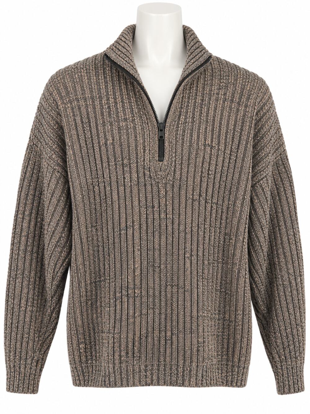 Silk Cotton Lambswool Ribbed Sweater Quarter Zip Brown Vintage 90s Marled Size L
